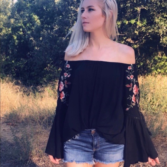 Umgee Tops - Off shoulder floral embroidered bell sleeve top